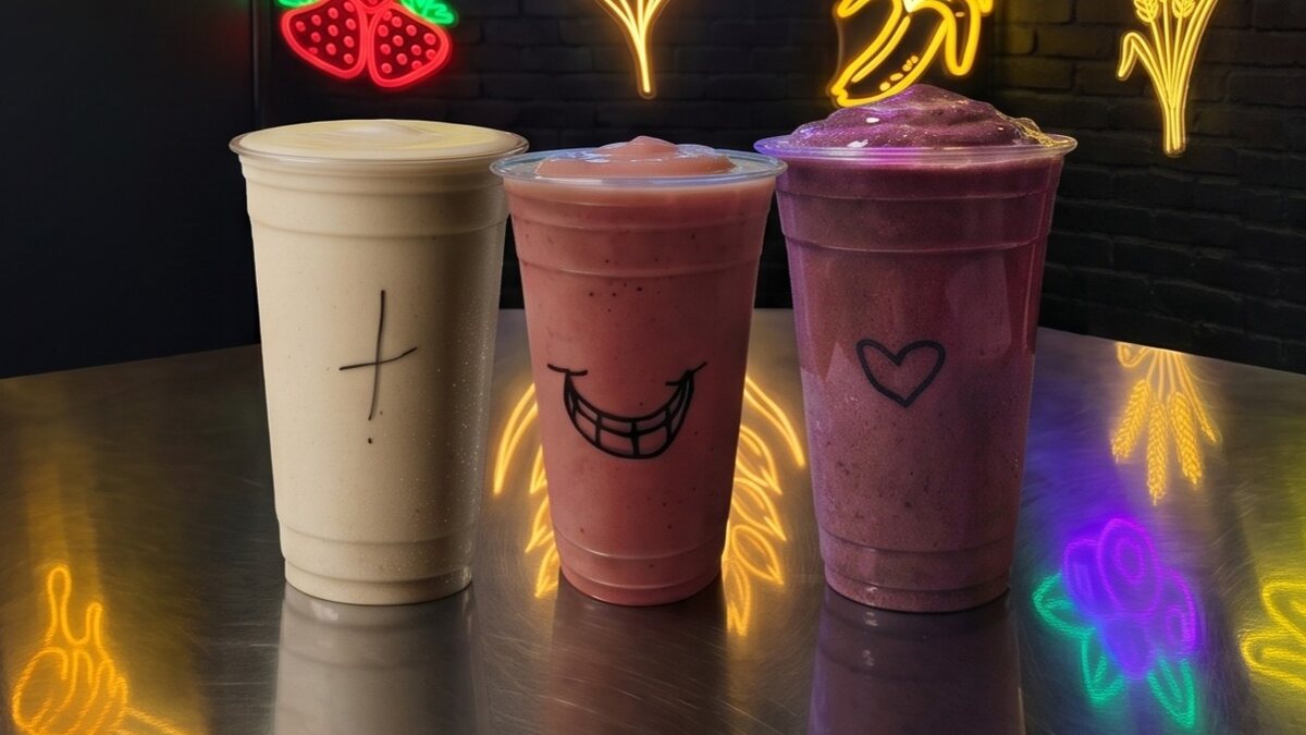Three Thee Smoothie Kort cups on the counter under neon fruit signs