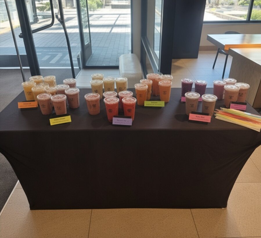 Table of sample smoothies set up at a catered venue